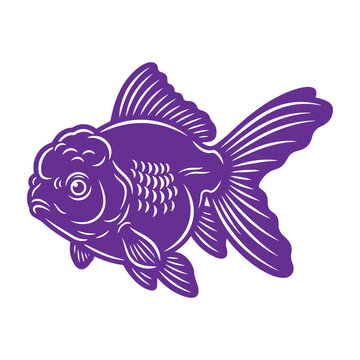 Purple silhouette of a fancy goldfish with detailed fins and scales, isolated on a white background aquatic