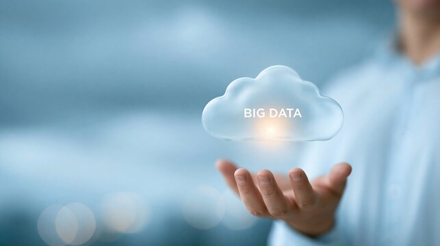 A person holds a translucent cloud icon labeled big data in their open palm against a soft blue background with bokeh lights.