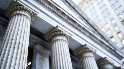 Fototapeta premium Grand classical stone columns of an imposing government building with a modern skyscraper in the background