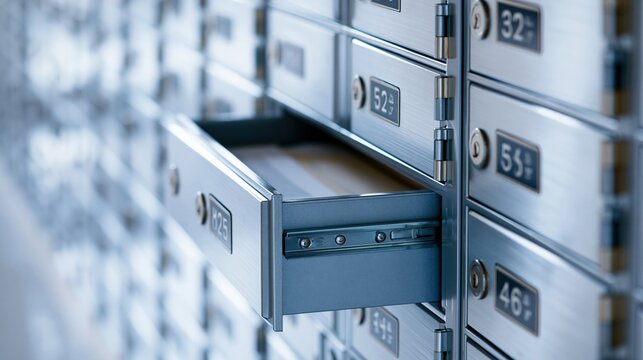 Close-up of an open mailbox drawer with numbered compartments in a secure postal facility