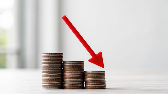 Red arrow pointing down on stacks of coins symbolizing financial decline and economic recession