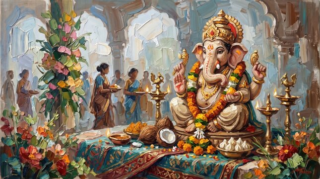 Cultural celebration of Ganesh Chaturthi with Lord Ganesha and offerings