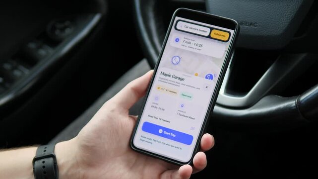 Driver selects a nearby car service center on a mobile map and builds a route, highlighting location search, vehicle maintenance and app-based roadside planning.