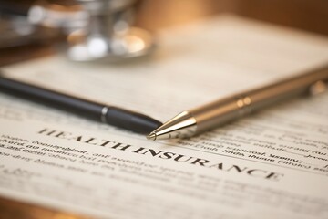 Fototapeta premium Close-up of Health Insurance Policy Document with Pens and Stethoscope, Medical Concept