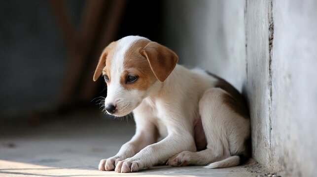Sad, Lonely Puppy Sitting Alone Outdoors, Seeking Comfort and Companionship