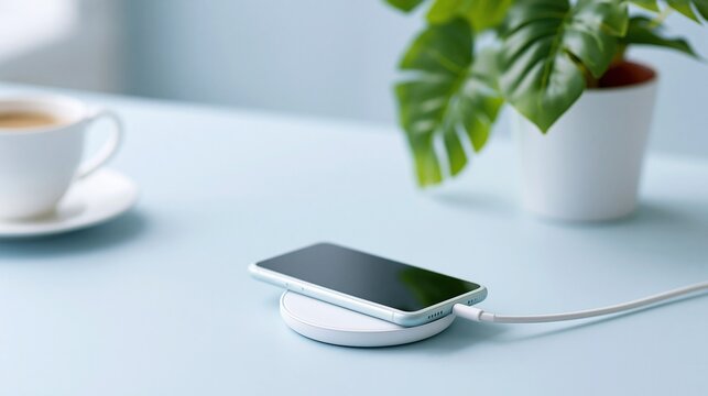 Modern wireless charging pad powering a smartphone on a light blue desk next to a coffee cup and potted plant