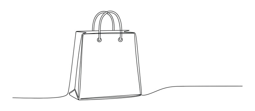 Minimalist hand drawn outline of a rectangular gift bag with handle on a plain white background