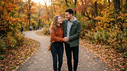 Fototapeta premium Young couple walking together in autumn park, Caucasian couple walking hand in hand through a park with colorful autumn foliage, smiling at each other, casual clothing, golden hour, realistic lifestyl