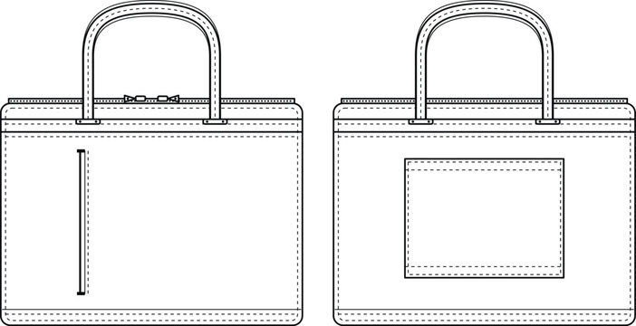 Technical flat sketch of a professional tote bag briefcase front and back view vector illustration.