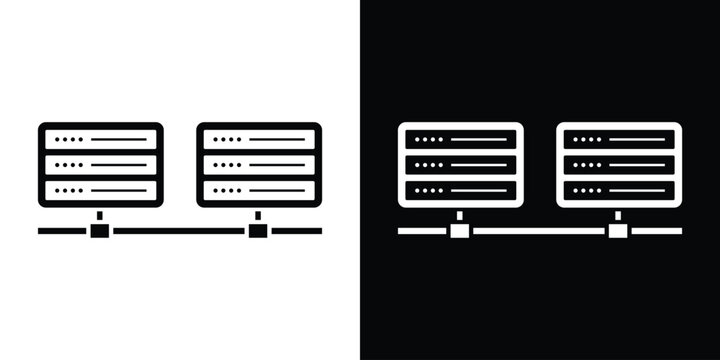 Minimalist vector icon of two server hardware units connected over a local network, representing data center infrastructure, mainframe hosting, and cloud computing.