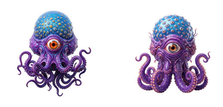 Two surreal alien octopus creatures with multiple eyes and tentacles isolated on transparent background