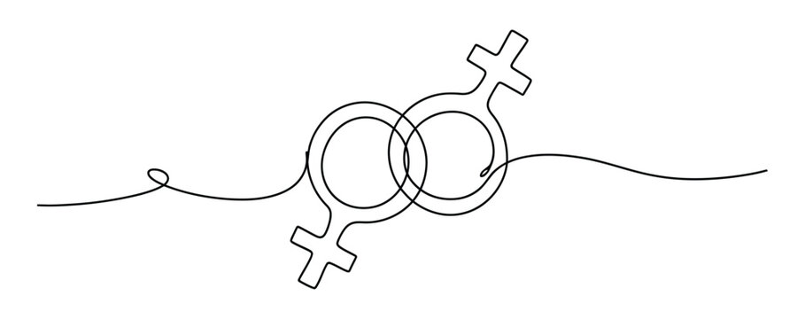 Minimalist line art illustration featuring two female gender icon linked together on a clean white background