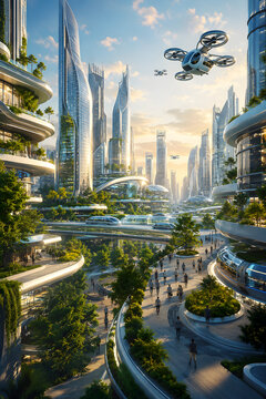 Future metropolis skyline with flying drone taxis, automated transit pods, and green vertical gardens at sunset