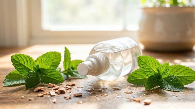 A clear spray bottle sits on a wooden surface surrounded by fresh mint leaves and wood chips in bright natural light, representing organic skincare or aromatherapy.