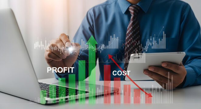 Financial analysis with profit increase and cost decrease visualization concept