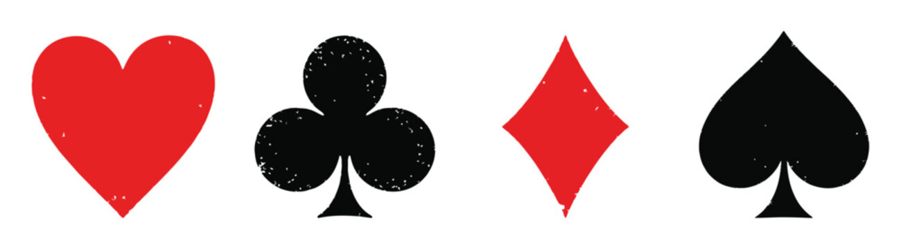 Four distinct playing card emblem graphic element including heart club diamond and spade on white background