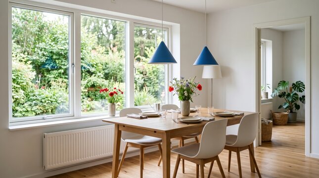 Dining area with wooden table and white chairs featuring two blue pendant lights and large windows overlooking a lush green garden with a view into an adjacent room with a potted plant
