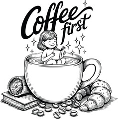 Vintage coffee first hand drawn illustration, whimsical girl reading in a giant coffee cup vector, morning breakfast scene with croissant and books