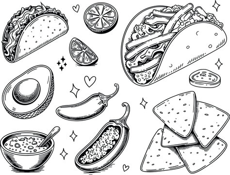 Hand drawn Mexican food doodles, black and white taco and nacho vector set, engraved style avocado and chili pepper illustrations for restaurant menus