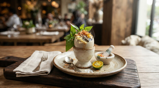 Premium presentation of traditional balut egg in a restaurant. Fertilized duck egg served with seasoning salt and calamansi lime on a wooden board