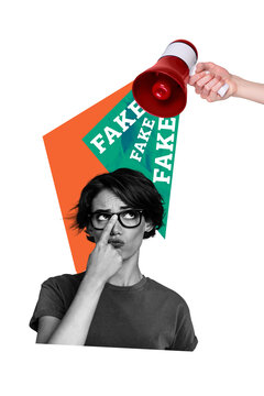 Vertical photo collage of dissatisfied girl pouted lips hand hold megaphone agitation fake news propaganda isolated on painted background