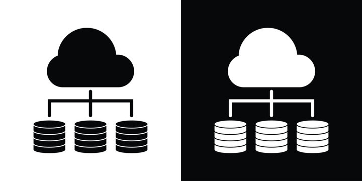 Cloud icon connected to multiple database stacks, representing cloud-based storage, remote server synchronization, big data hosting, and digital infrastructure vector icon.