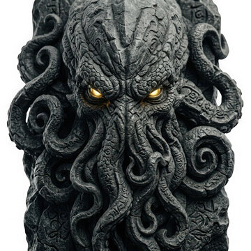 Closeup of a detailed stone sculpture of cthulhu with glowing yellow eyes, isolated on transparent background