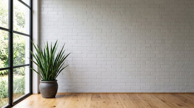 Empty room with white painted brick wall and wooden floor featuring a potted green snake plant next to a large black framed window looking out onto a garden with natural daylight illumination