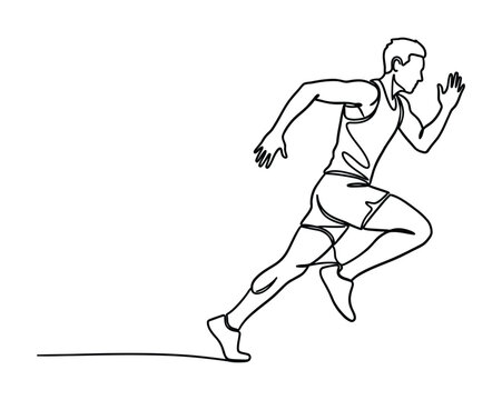 Minimalist black line drawing of a male athlete running forward in a rapid motion on white background
