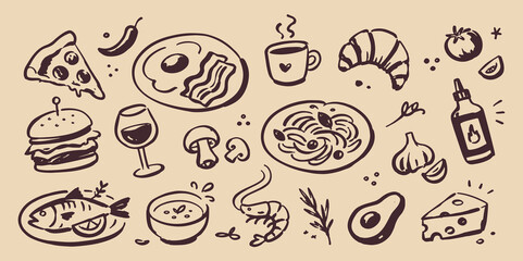 Obraz premium Food and Drinks Doodle Vector Set Illustration