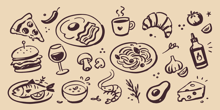 Food and Drinks Doodle Vector Set Illustration
