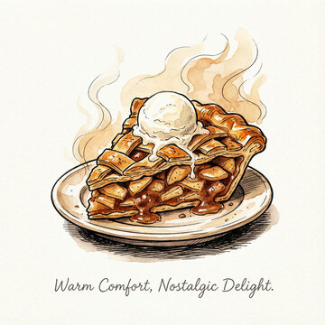 Delicious hand drawn watercolor illustration of a steaming hot sweet baked apple pie slice with lattice crust and a melting vanilla ice cream scoop on a plate with nostalgic text.