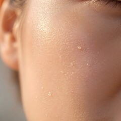 Fototapeta premium Extreme Close Up of Clean Hydrated Human Skin Texture showing Water Droplets Moisture Pores and Natural Glow