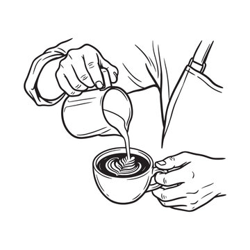 Barista pouring milk into coffee cup for latte art