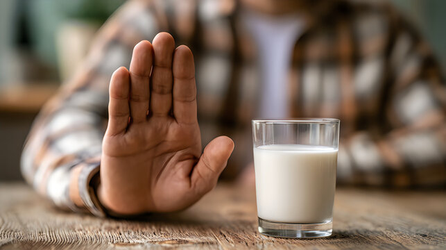 Man wearing flannel shirt refusing a glass of milk dairy intolerance