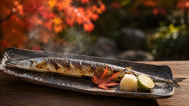 Freshly grilled Pacific saury sanma on a rustic ceramic plate with steam and autumn garden background