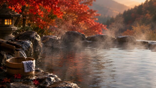 Luxury outdoor natural stone onsen bath with steam rising and red autumn maple leaves