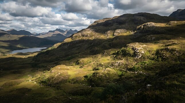 Sunlight illuminates rolling hills and distant lake under dramatic sky