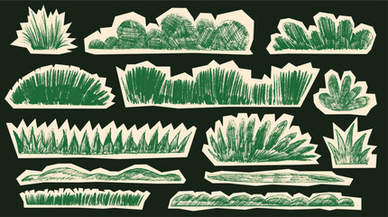 Set of crayon drawing of green grass in children’s style with pencil lawn, hills, meadow shapes. Playful nature vector set for kid book, poster, education. Decorative garden, park and forest elements.