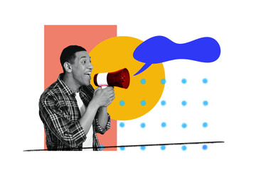 Fototapeta premium Composite trend artwork sketch image collage of monochrome young guy smile hand hold megaphone talk proclaim leader speech cloud message