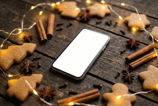Blank white smartphone mockup screen lying on a rustic wooden background, beautifully surrounded by traditional holiday gingerbread cookies, cinnamon sticks, star anise, and warm fairy lights.