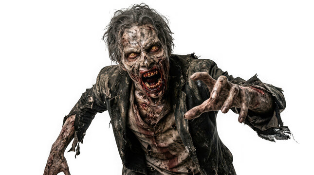 Scary zombie man with glowing eyes reaching out isolated on transparent background