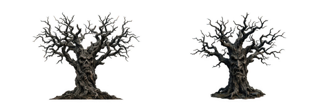 Two ancient, gnarled trees with faces carved into their trunks, isolated on transparent background