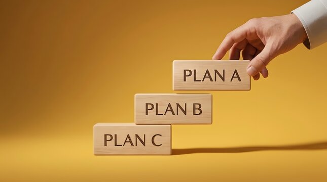 Hand places plan a wooden block on stacked plan b and plan c blocks