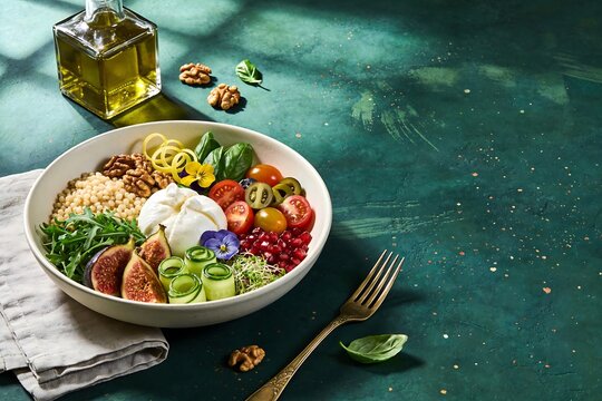 Burrata salad bowl with figs couscous walnuts tomatoes and pomegranate on emerald green surface with copy space for text