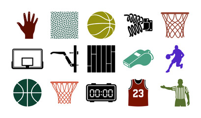 Basketball sports icon set with 15 vector elements, professional athletic equipment symbols, basketball jersey and court accessories for tournament design © RiYad