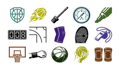Basketball equipment and sports icons set, 15 professional vector elements for athletic branding, basketball court and game gear graphics © RiYad
