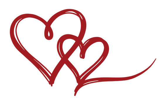 Hand drawn red outline of two connected heart shape icon isolated on a plain white background