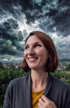 Portrait einer dunkelhaarigen Frau, sie schaut lachend nach oben, dunkle Wolken am Himmel, ein Gewitter zieht herauf und es regnet
