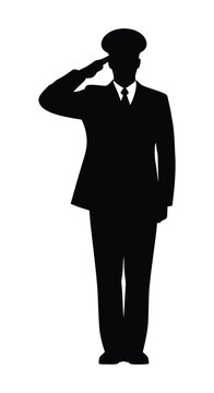Black silhouette of a military officer in uniform performing a formal hand salute on white background
